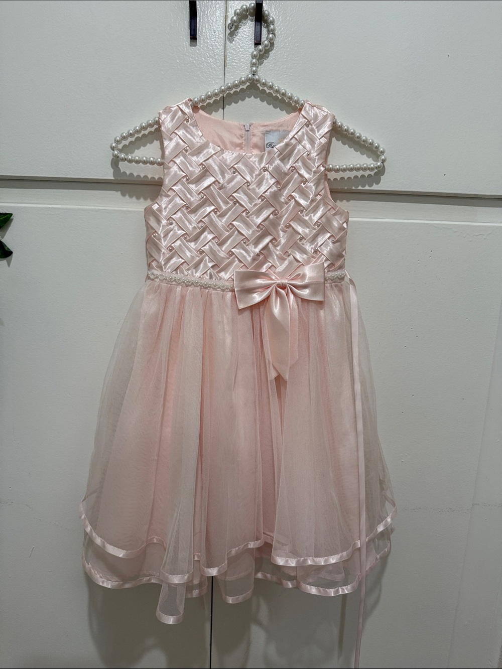 Rare Editions Pink Woven Bodice Tulle Party Dress with Bow